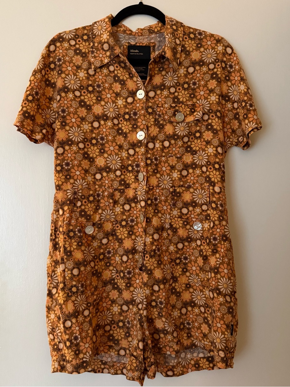 Afends Orange Floral Short-Sleeve Shirt Romper